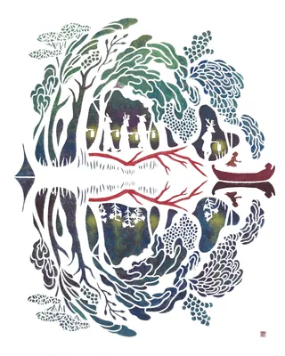 Symmetrical hand cut stencil of trees and figures reflected in water