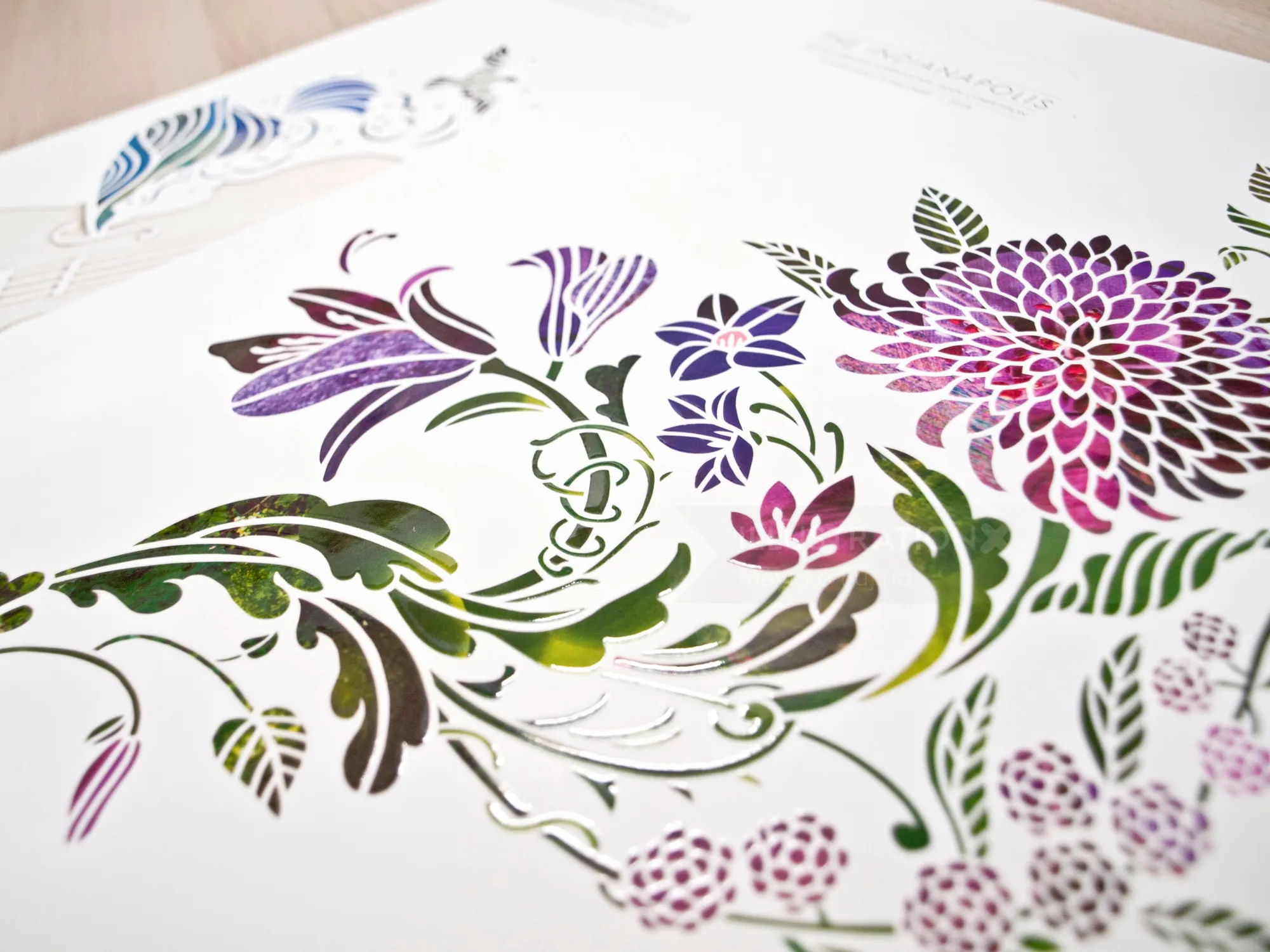 Decorative floral illustration with purple and green hues