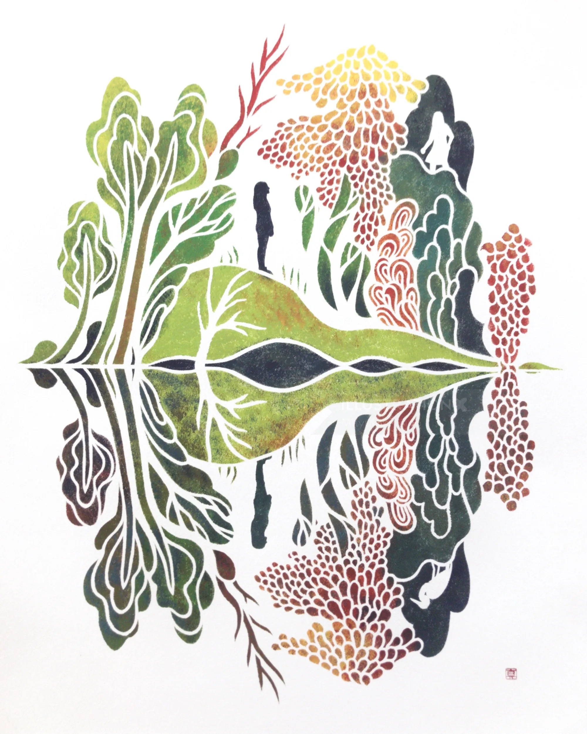Hand cut stencil artwork of abstract trees and reflections