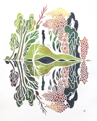 Hand cut stencil artwork of abstract trees and reflections