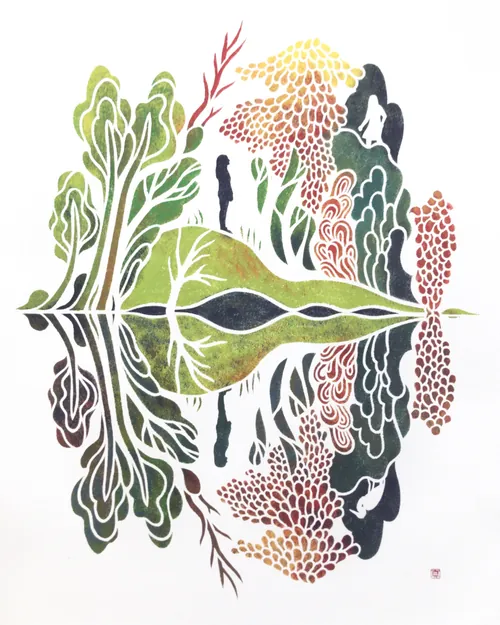 Hand cut stencil artwork of abstract trees and reflections