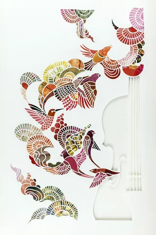 Violin silhouette with colorful abstract bird patterns