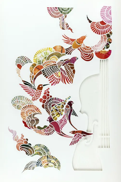 Violin silhouette with colorful abstract bird patterns