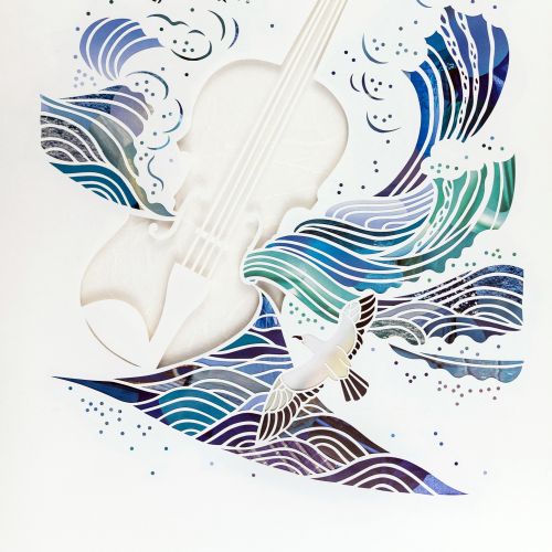 White violin surrounded by stylized blue waves and flying birds