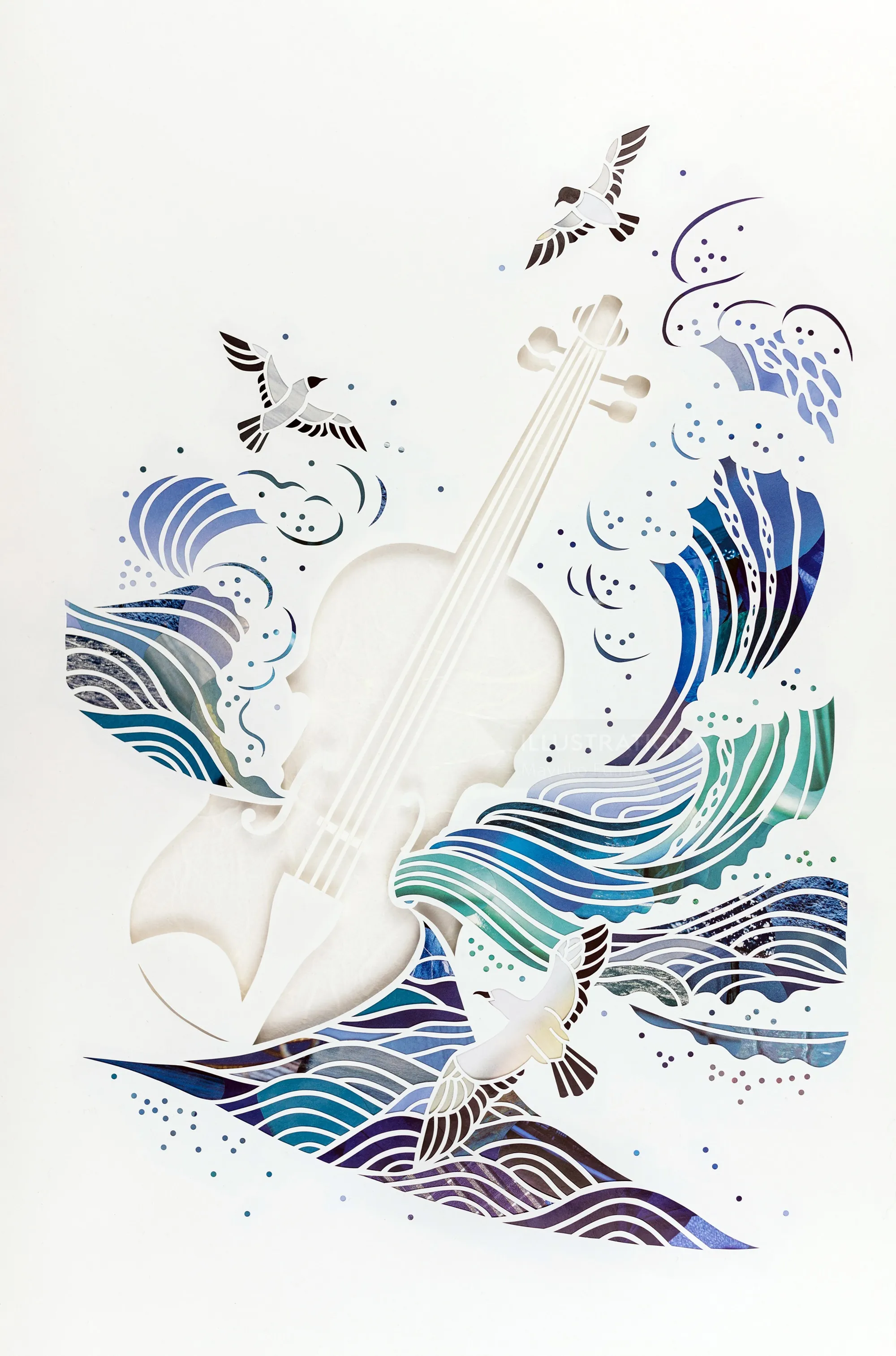 White violin surrounded by stylized blue waves and flying birds