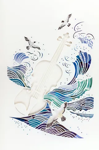 White violin surrounded by stylized blue waves and flying birds