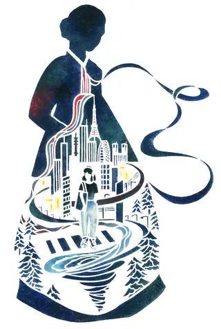 Silhouette of a woman with city and nature inside her figure