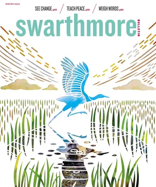 Blue heron flying over a wetland with cattails and reflections