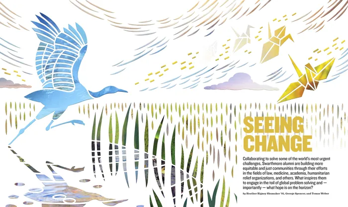 Blue heron flying over water with origami birds and grass collage