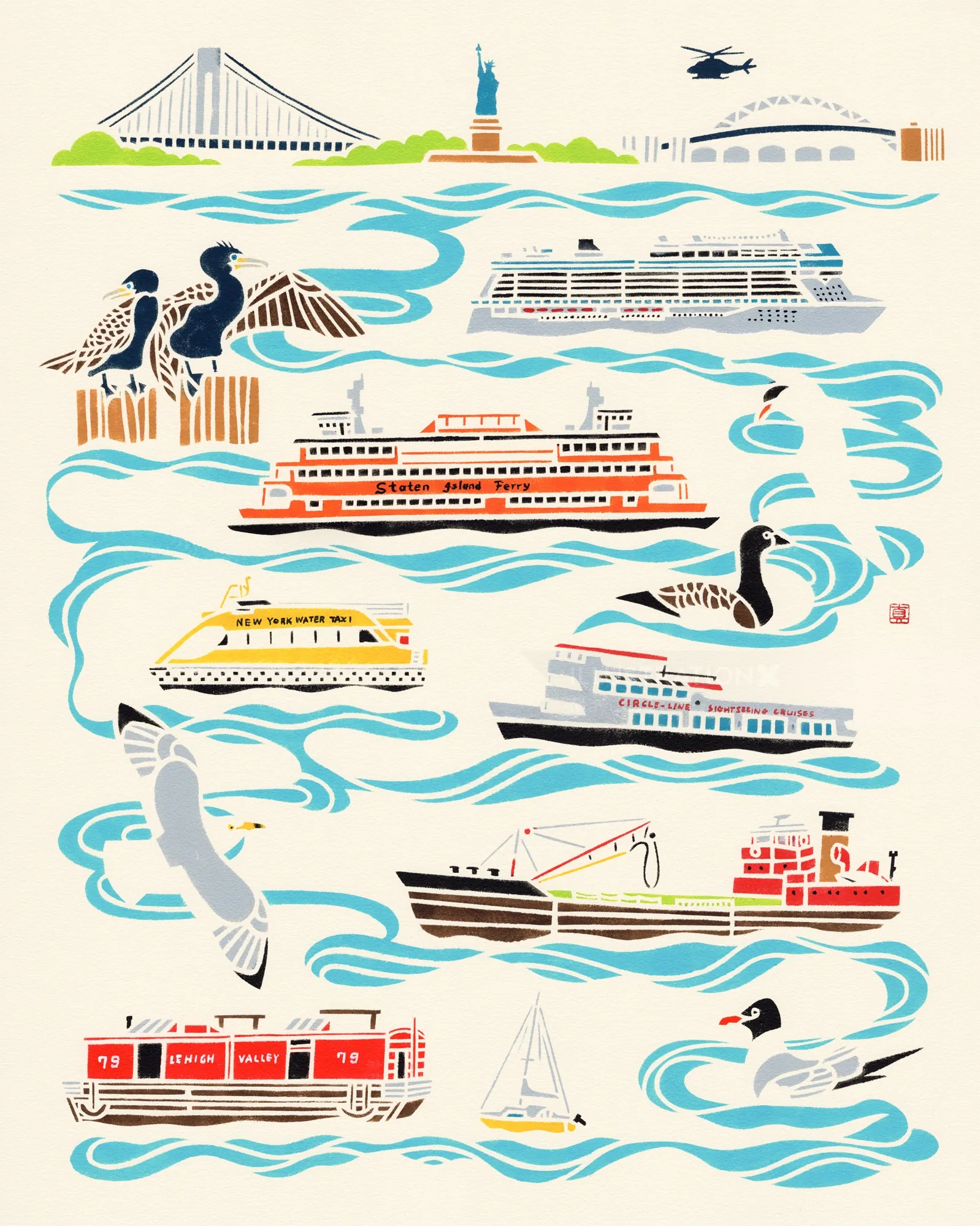 Stylized illustration of NYC ferries, boats, Statue of Liberty, and birds