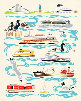Stylized illustration of NYC ferries, boats, Statue of Liberty, and birds