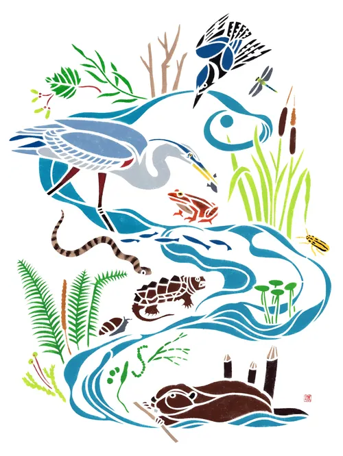 Stencil illustration of pond ecosystem with heron, frog, snake, and plants