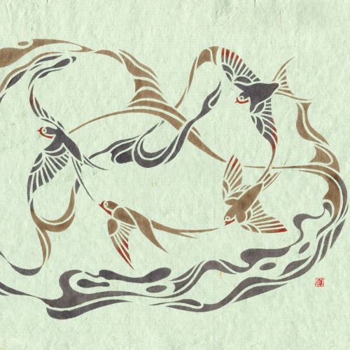 Hand cut stencil of barn swallows with fluid watery patterns