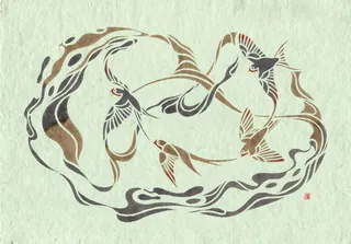 Hand cut stencil of barn swallows with fluid watery patterns