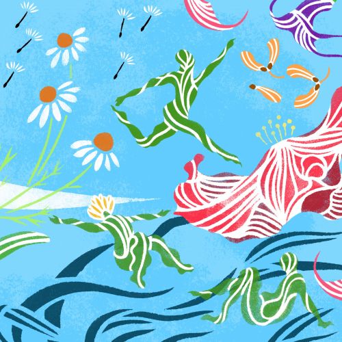Colorful leafy dancers blending with flowers on blue background