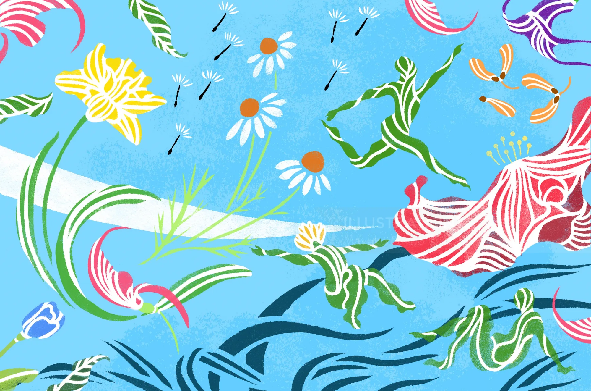 Colorful leafy dancers blending with flowers on blue background