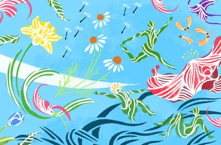 Colorful leafy dancers blending with flowers on blue background