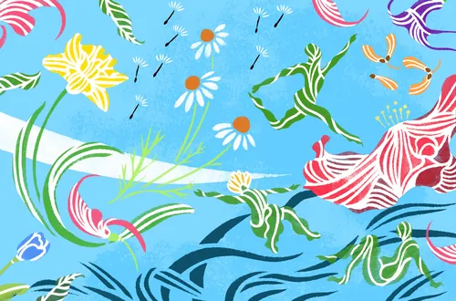 Colorful leafy dancers blending with flowers on blue background