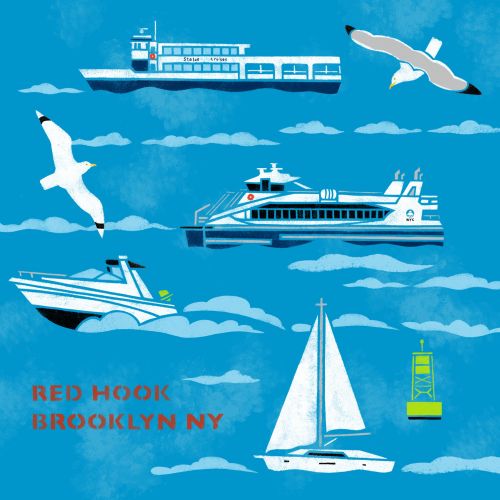 Stencil art of NYC ferries, sailboat, seagulls, and buoy in blue sky