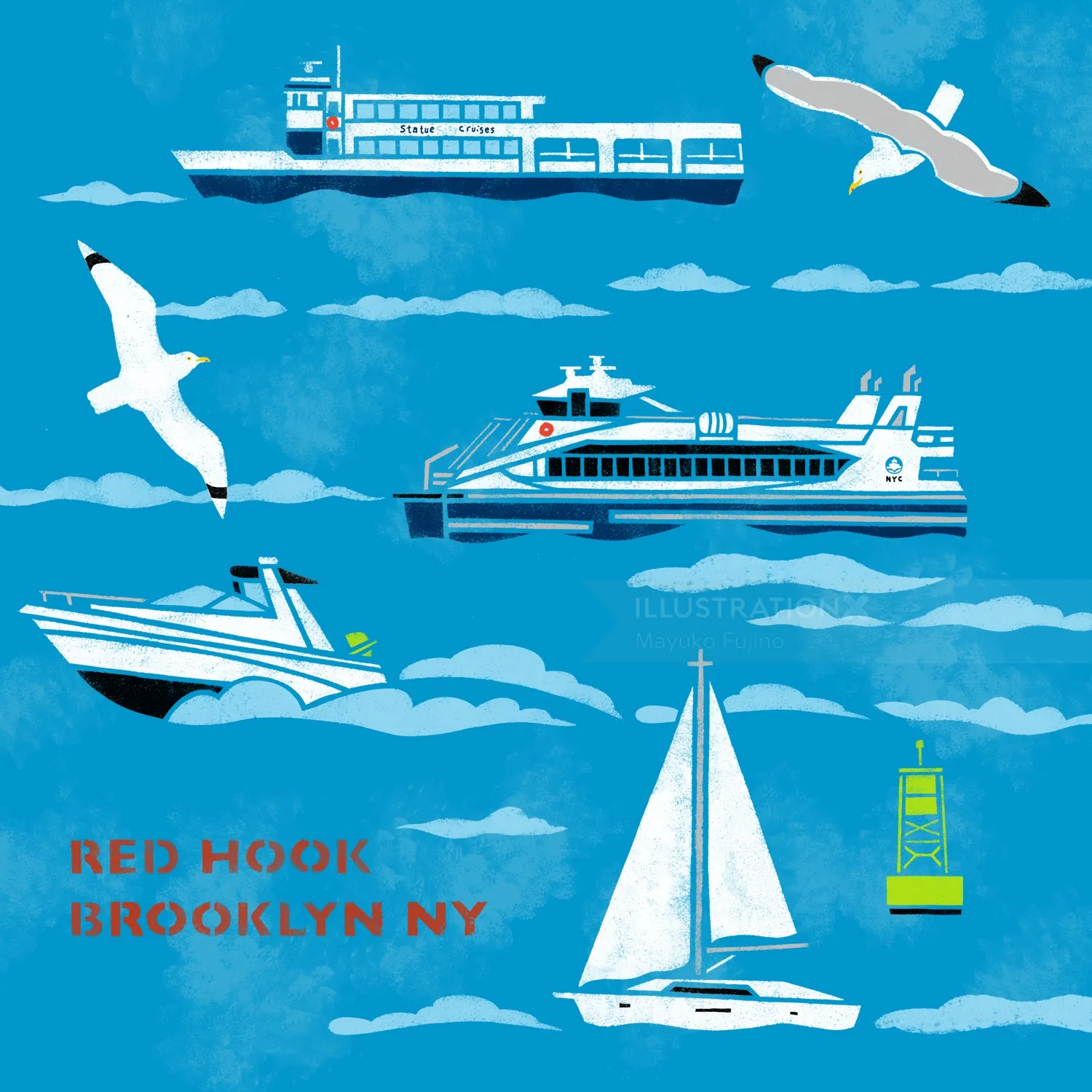 Stencil art of NYC ferries, sailboat, seagulls, and buoy in blue sky