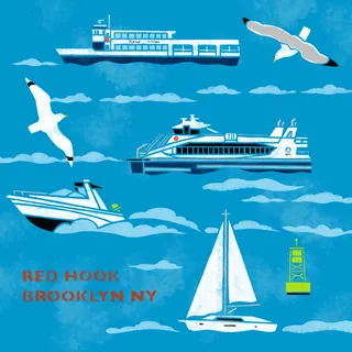 Stencil art of NYC ferries, sailboat, seagulls, and buoy in blue sky