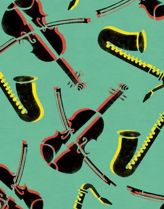 Seamless pattern with violin and saxophone illustrations on green