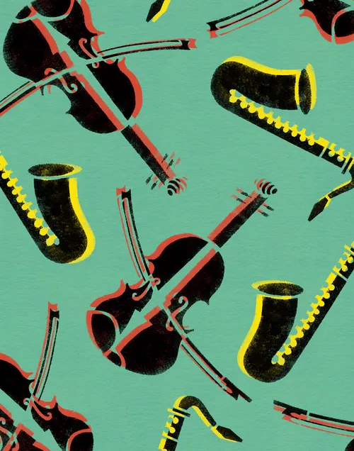 Seamless pattern with violin and saxophone illustrations on green