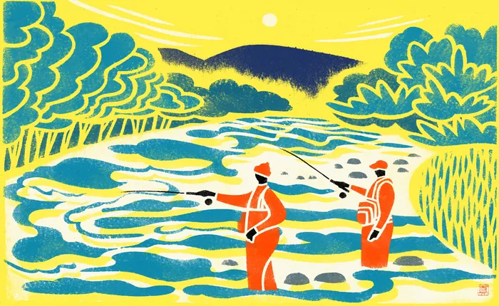 Two fly fishers fishing in a river in a colorful nature scene