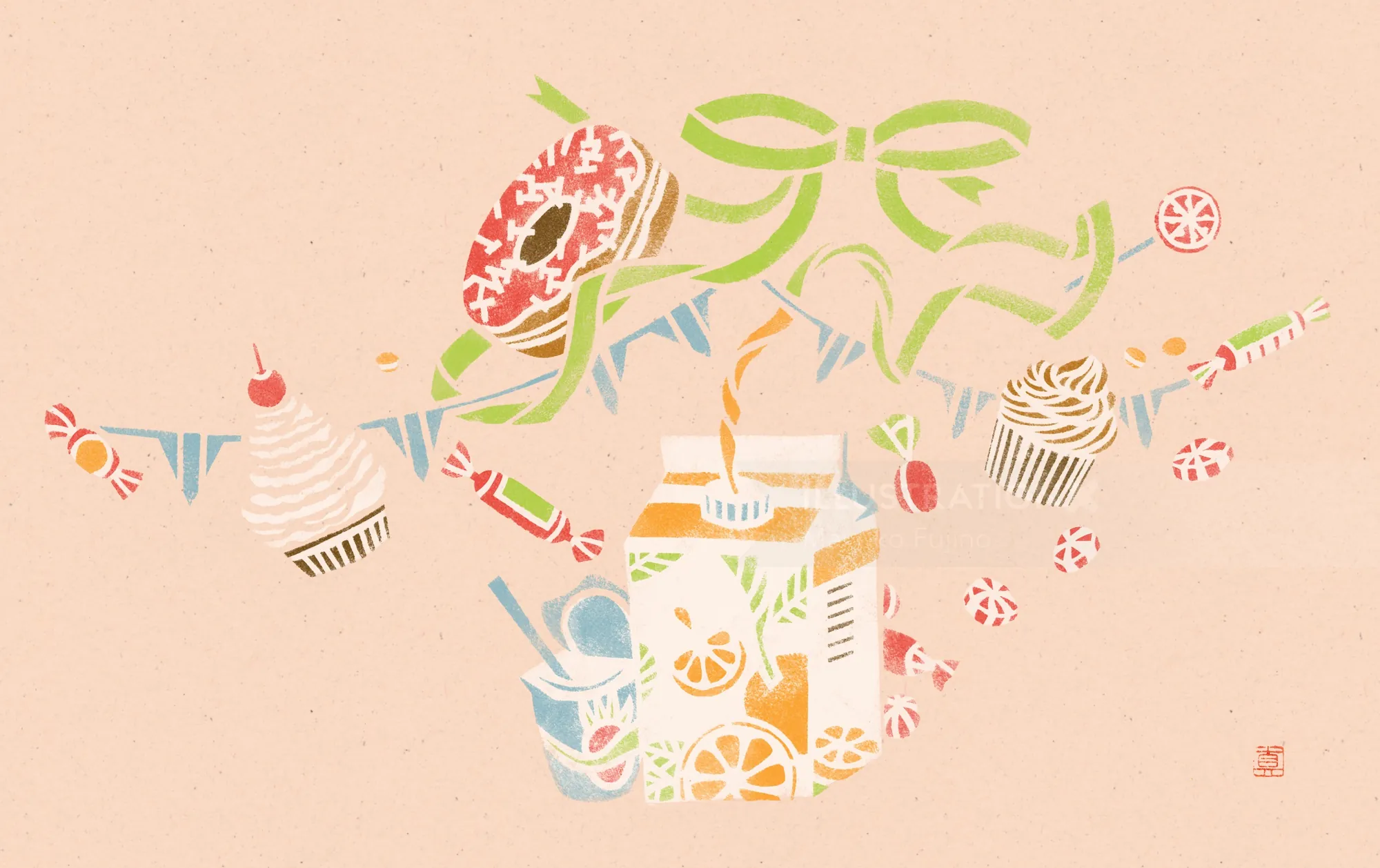 Illustration of sweets, pastries, and a decorated jar with a green ribbon