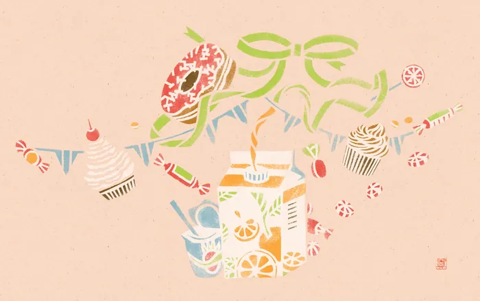 Illustration of sweets, pastries, and a decorated jar with a green ribbon