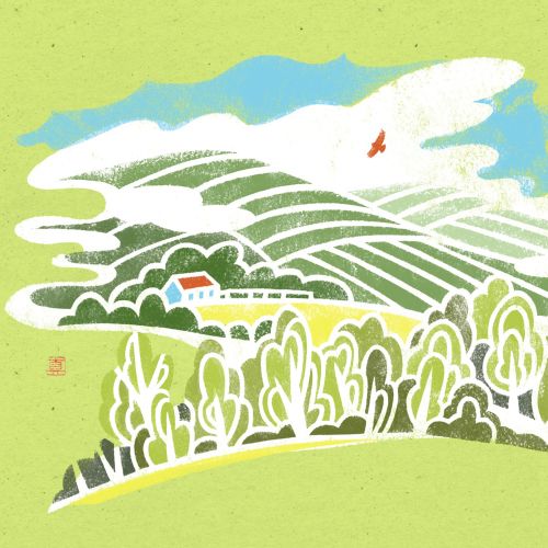 Stencil illustration of a red roof house in a green landscape