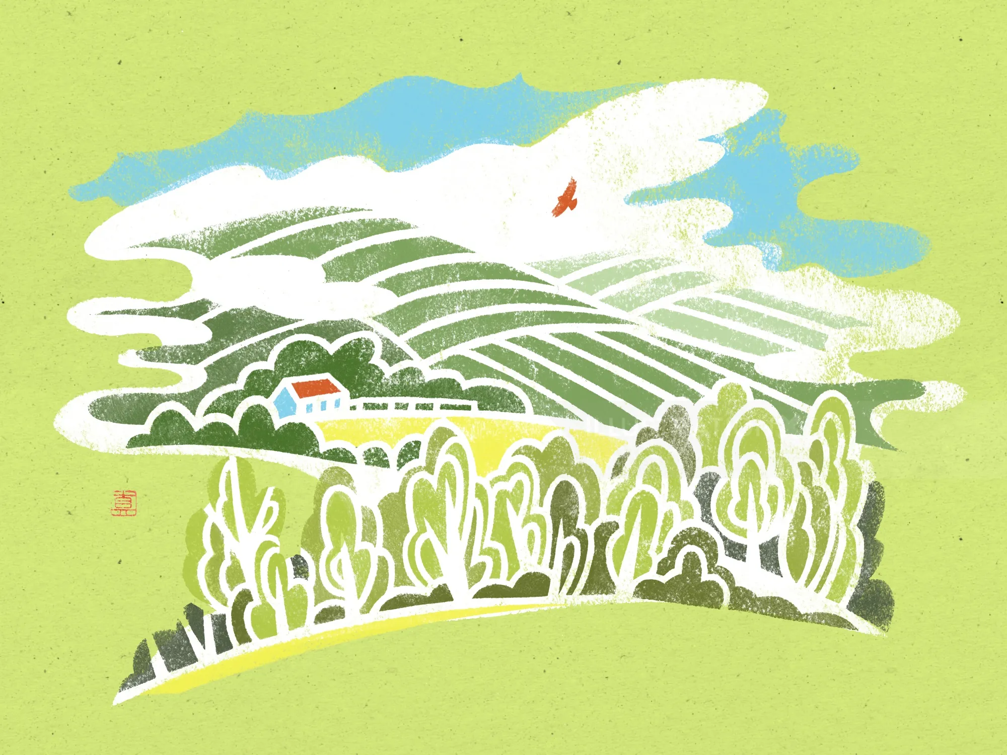 Stencil illustration of a red roof house in a green landscape