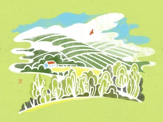Stencil illustration of a red roof house in a green landscape