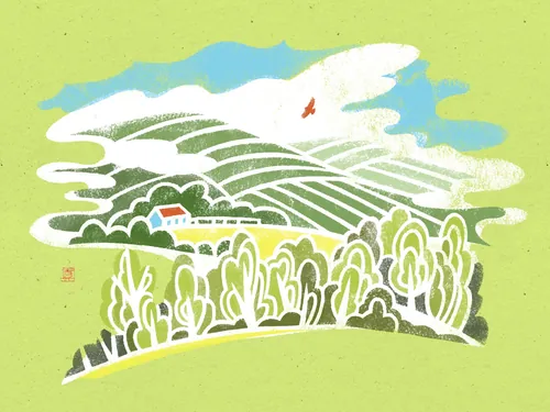 Stencil illustration of a red roof house in a green landscape