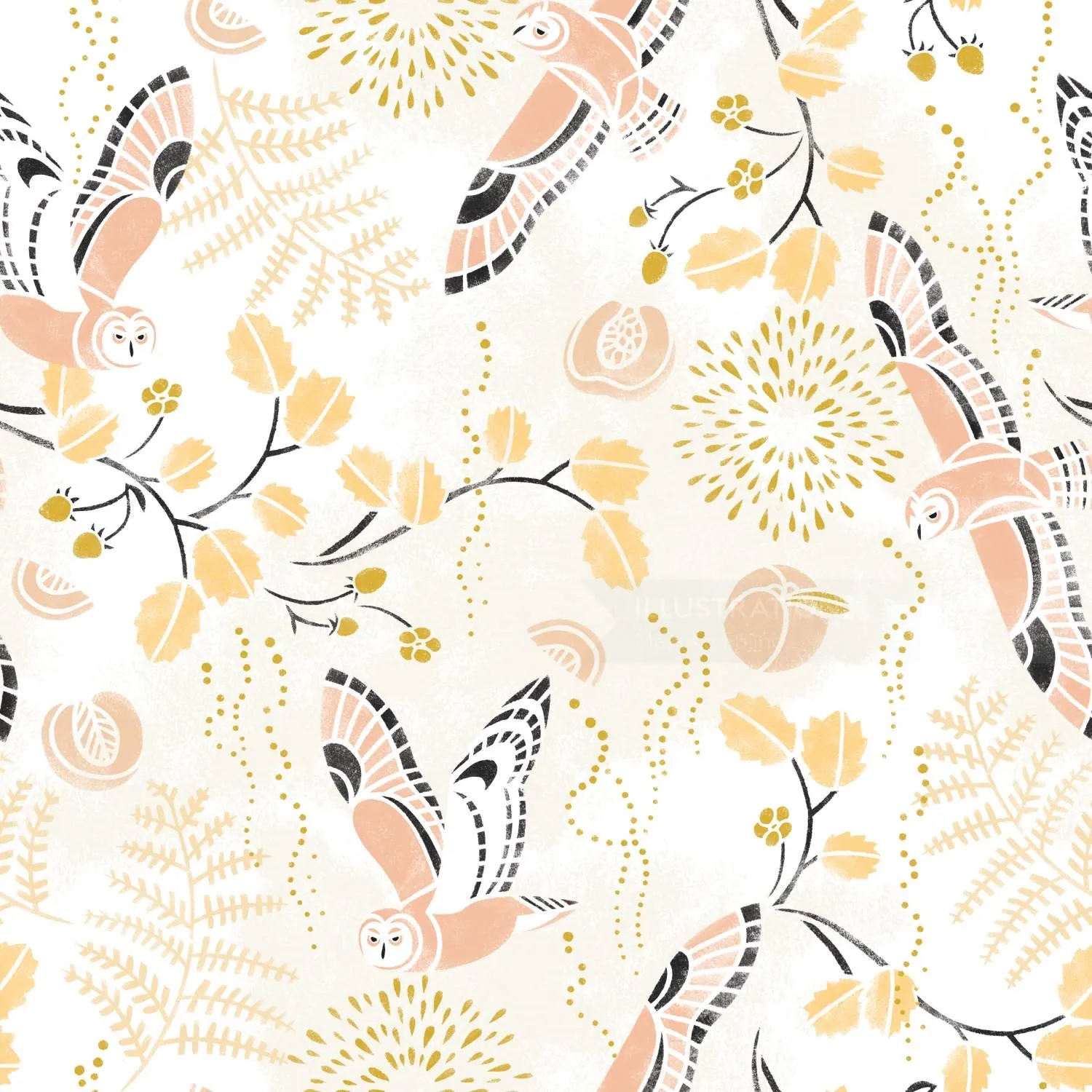 Seamless pattern with owls, flowers, and leaves in soft colors