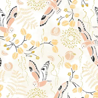 Seamless pattern with owls, flowers, and leaves in soft colors