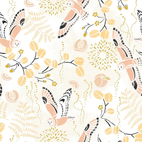 Seamless pattern with owls, flowers, and leaves in soft colors