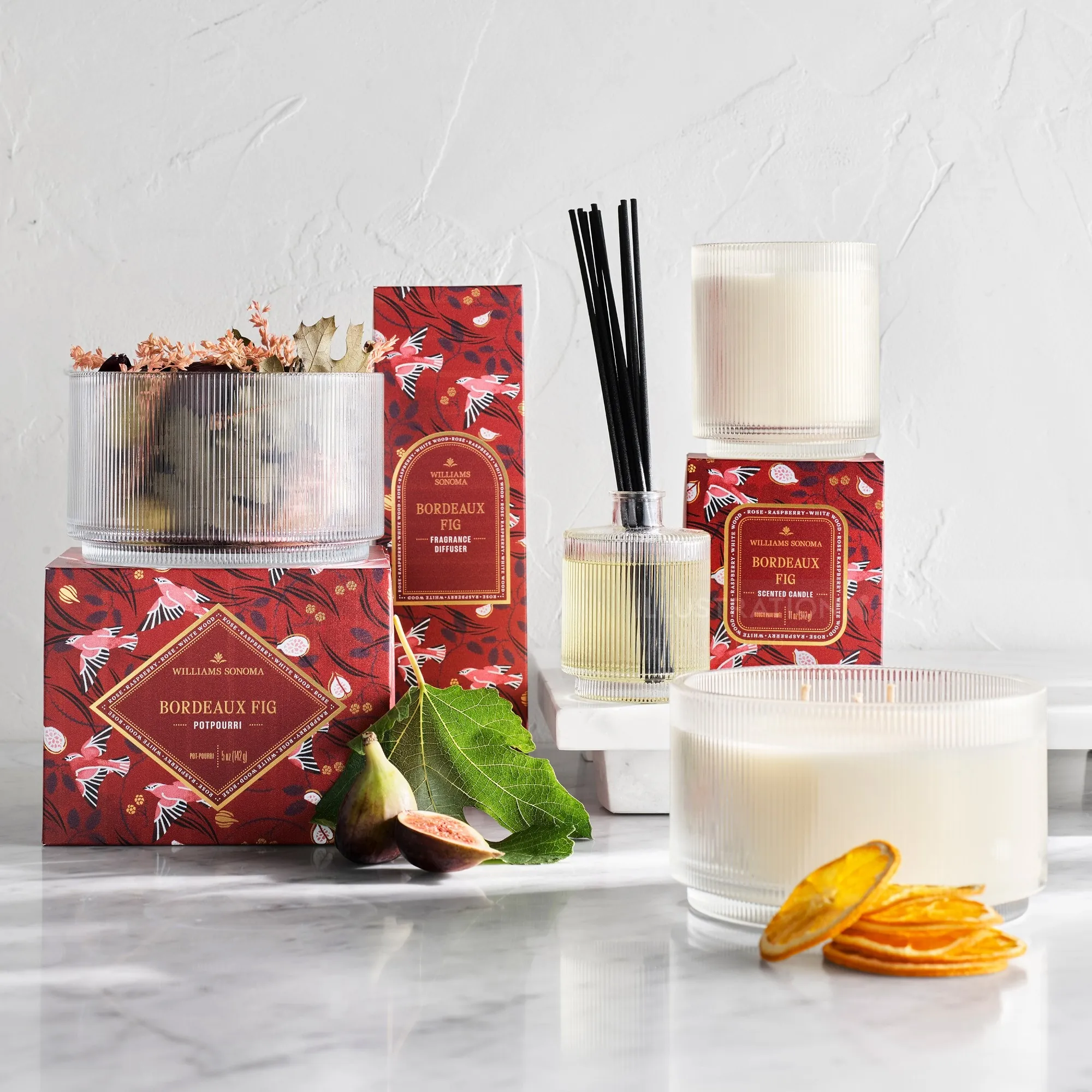 Bordeaux Fig scented candles and diffuser with decorative packaging