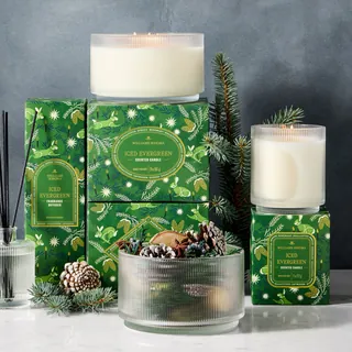 Iced Evergreen scented candles and green packaging with pine cones
