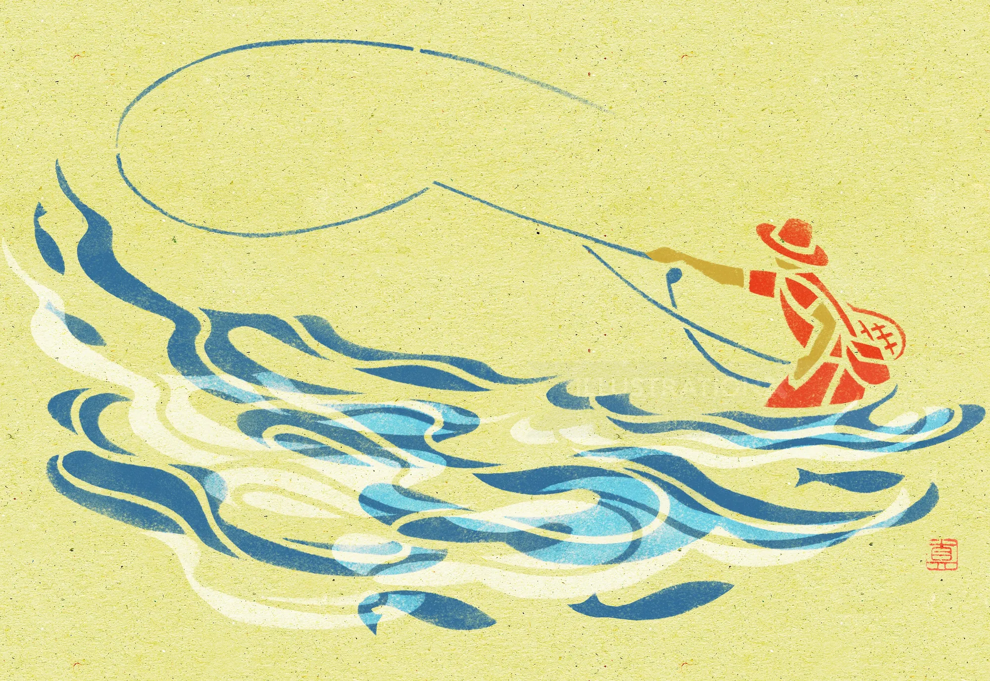 Stencil illustration of a flyfisher casting a line over water