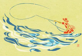 Stencil illustration of a flyfisher casting a line over water