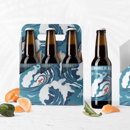Beer bottles and packaging with blue and white stencil pattern