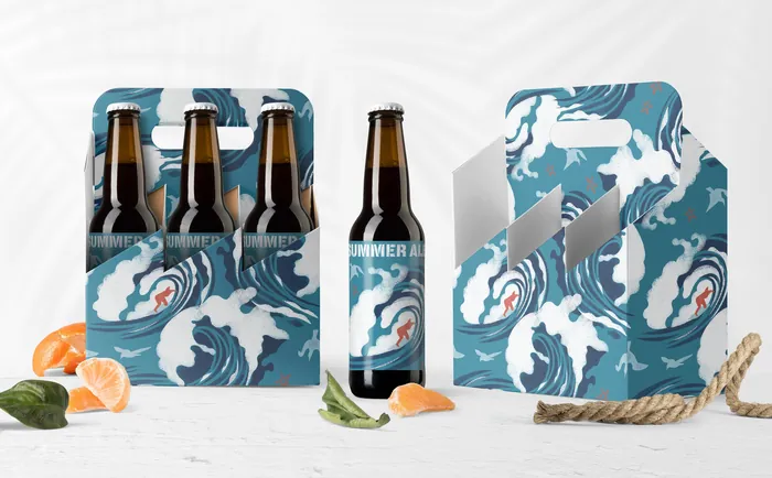 Beer bottles and packaging with blue and white stencil pattern