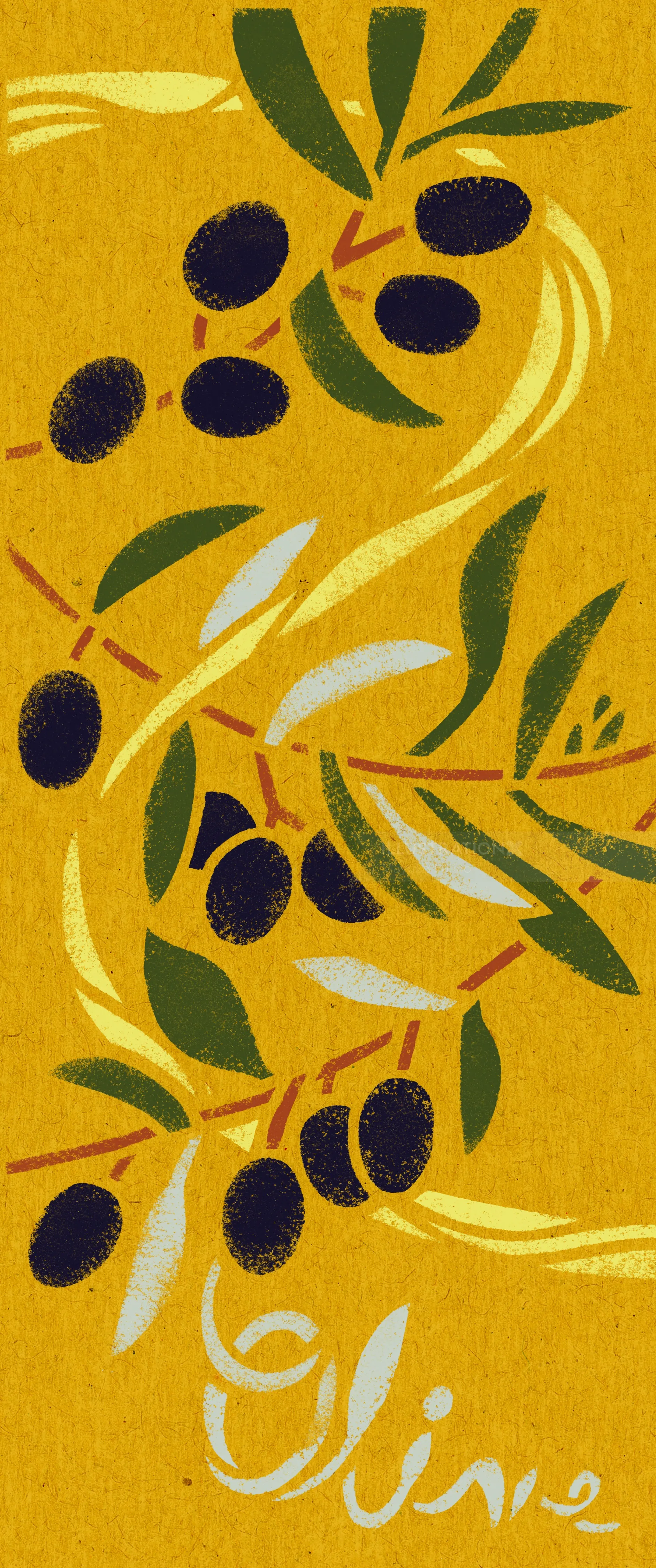 Olive branches with black olives on yellow textured background