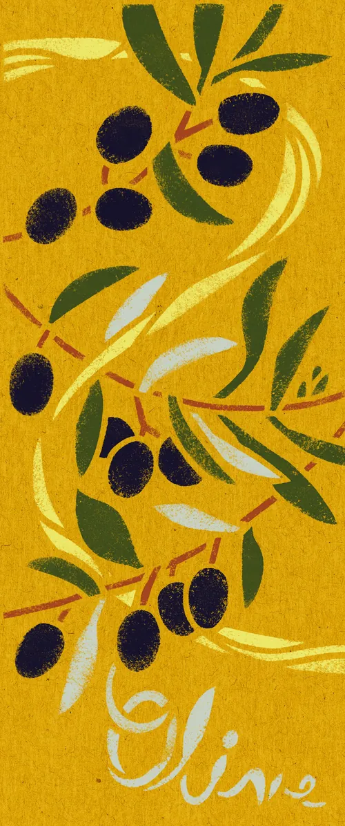 Olive branches with black olives on yellow textured background
