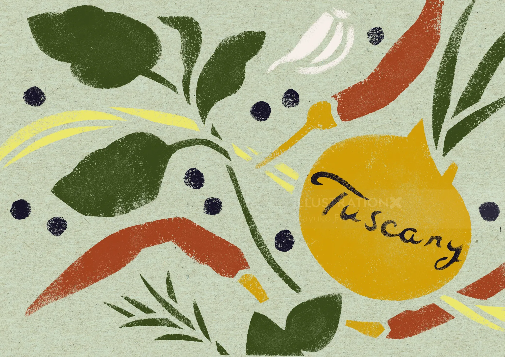 Illustration of herbs, chili peppers, and lemon with Tuscany text