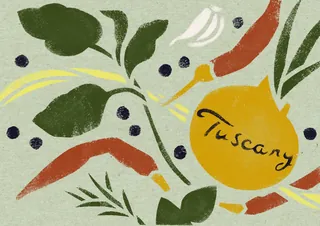 Illustration of herbs, chili peppers, and lemon with Tuscany text