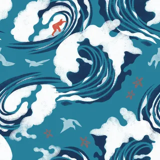 Blue ocean waves with white foam, birds, starfish, and a surfer