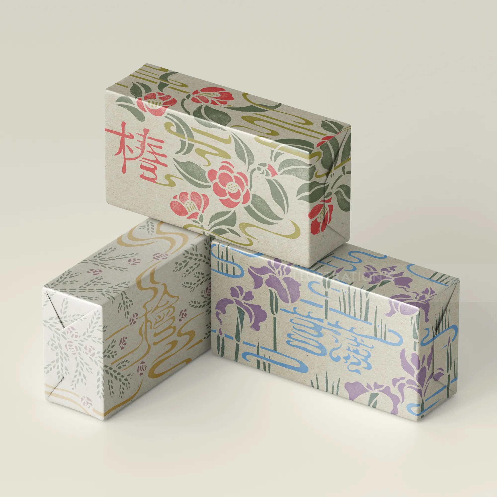 Hand-painted soap boxes with floral and Japanese character designs