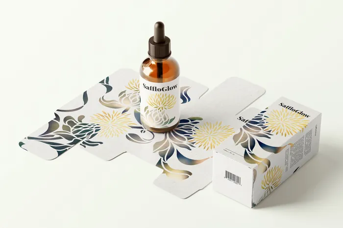 Medicinal safflower skin oil bottle with floral packaging mockup